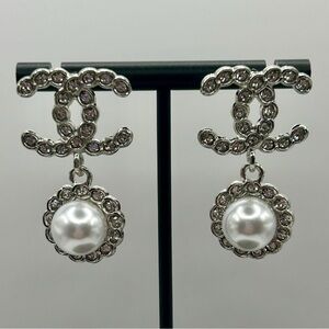 Designer Inspired-Silver and Pearl With Stone Accent Earrings